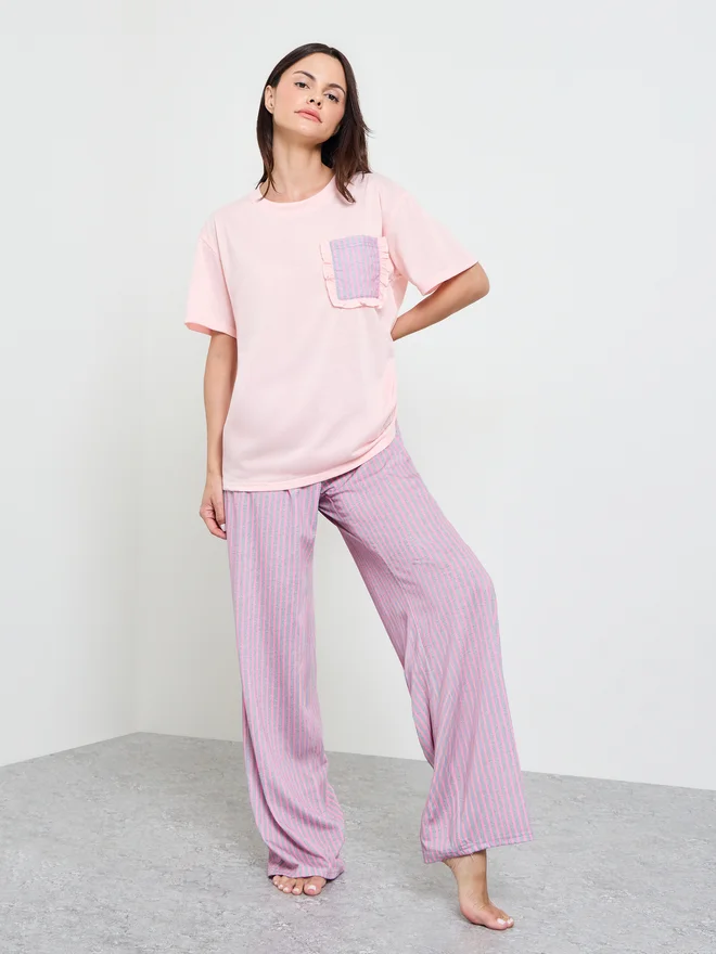 Styli Styli Pink Striped Ruffle Edge Pocket T-Shirt and Straight Pyjama Set