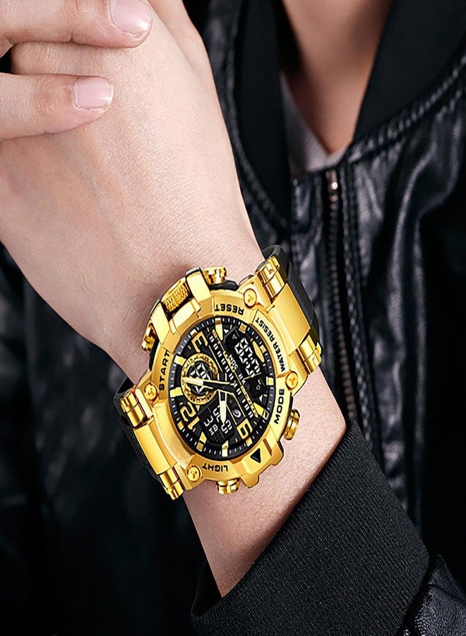 MASTOP Men's Colorful Watches Sports Outdoor 55mm Large Face Camouflage 50M Waterproof Military Wrist Watch Tactical Date Multi Function LED Alarm Rugged Wristwatch for Training Hiking Adventure, Gold - Image 3