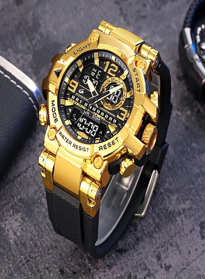 MASTOP Men's Colorful Watches Sports Outdoor 55mm Large Face Camouflage 50M Waterproof Military Wrist Watch Tactical Date Multi Function LED Alarm Rugged Wristwatch for Training Hiking Adventure, Gold - Image 2