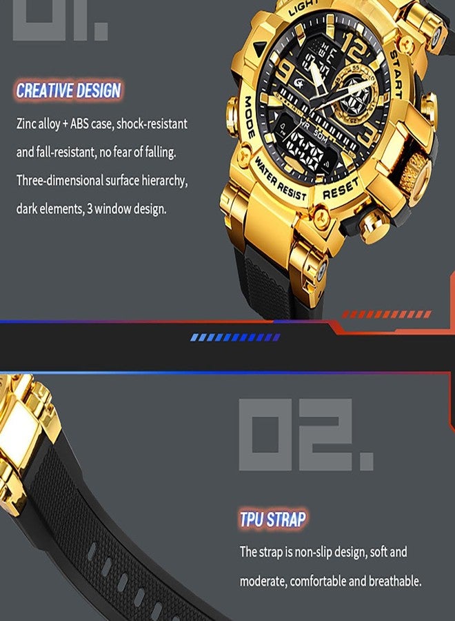 MASTOP Men's Colorful Watches Sports Outdoor 55mm Large Face Camouflage 50M Waterproof Military Wrist Watch Tactical Date Multi Function LED Alarm Rugged Wristwatch for Training Hiking Adventure, Gold - Image 5