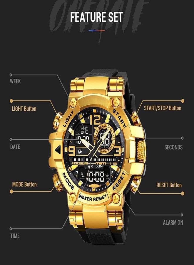 MASTOP Men's Colorful Watches Sports Outdoor 55mm Large Face Camouflage 50M Waterproof Military Wrist Watch Tactical Date Multi Function LED Alarm Rugged Wristwatch for Training Hiking Adventure, Gold - Image 4