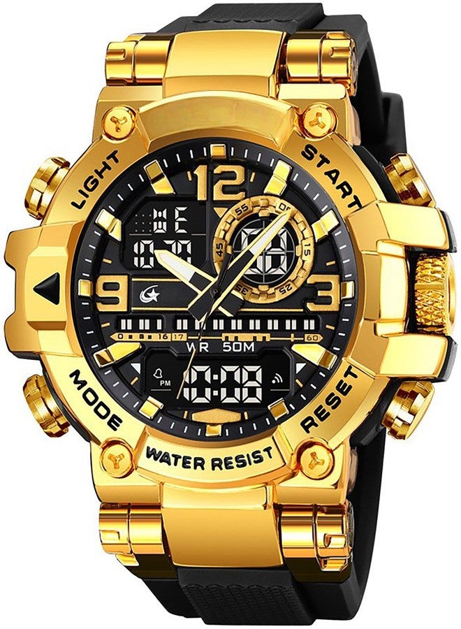 MASTOP Men's Colorful Watches Sports Outdoor 55mm Large Face Camouflage 50M Waterproof Military Wrist Watch Tactical Date Multi Function LED Alarm Rugged Wristwatch for Training Hiking Adventure, Gold - Image 1