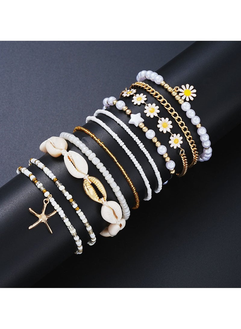 Huitich 14-piece gold color tone beach jewelry set with necklace, bracelet, and anklet pearl and shell style  - Image 5