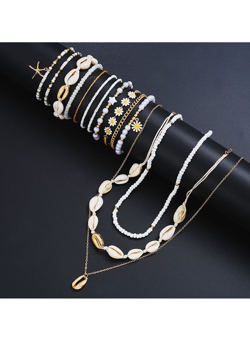 Huitich 14-piece gold color tone beach jewelry set with necklace, bracelet, and anklet pearl and shell style  - Image 4