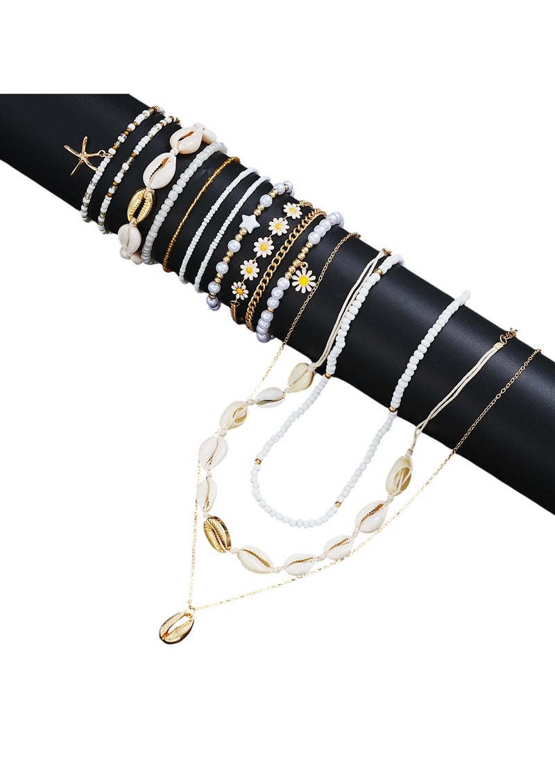Huitich 14-piece gold color tone beach jewelry set with necklace, bracelet, and anklet pearl and shell style  - Image 1