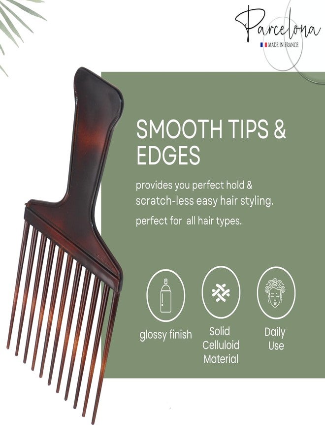 Parcelona French Afro Wide Shell Brown Large 5” Celluloid Set of 2 Salon Style Detangle Hair Styling Hair Pick Combs for Wet or Dry Hair - Image 2