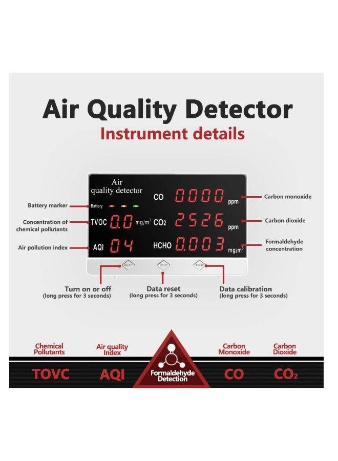 Air Quality Monitor, Multifunctional Air Gas Detector, Professional Tester for CO2 Formaldehyde(HCHO) TVOC/AQI, Real Time Datau0026Mean Value Recording, for Home School Office Car - Image 2