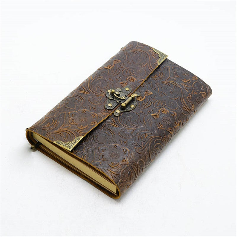 Leather Notebook Refillable: Brown Vintage Embossed Flower Pattern - Exquisite Lock & Key for Privacy, 100 Sheets Blank Kraft Paper for Students Workers Travelers Artists Designers - Image 1