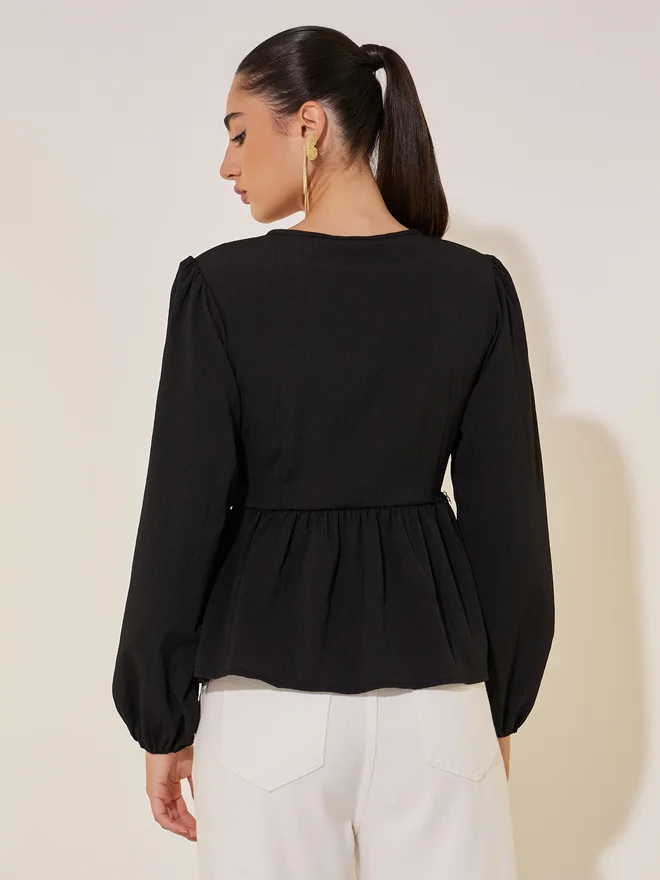 Take Two Take Two Solid Long Sleeve Pearl Detail Wrap top