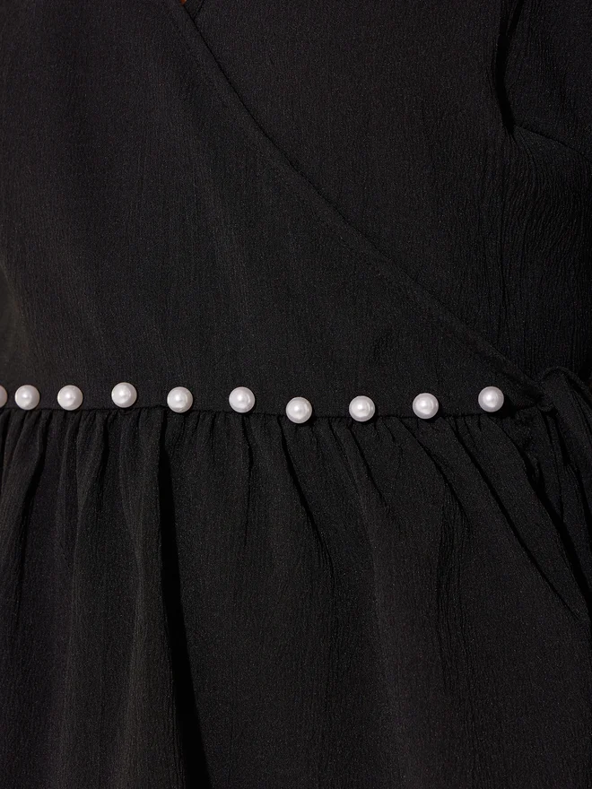 Take Two Take Two Solid Long Sleeve Pearl Detail Wrap top