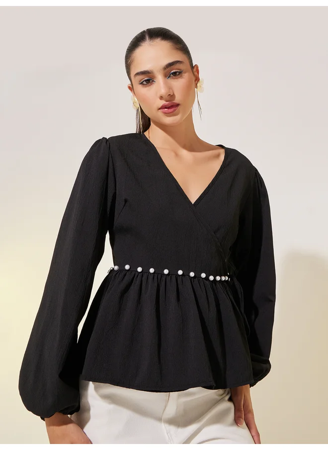 Take Two Take Two Solid Long Sleeve Pearl Detail Wrap top