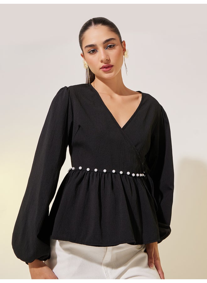 Take Two Take Two Solid Long Sleeve Pearl Detail Wrap top  - Image 1