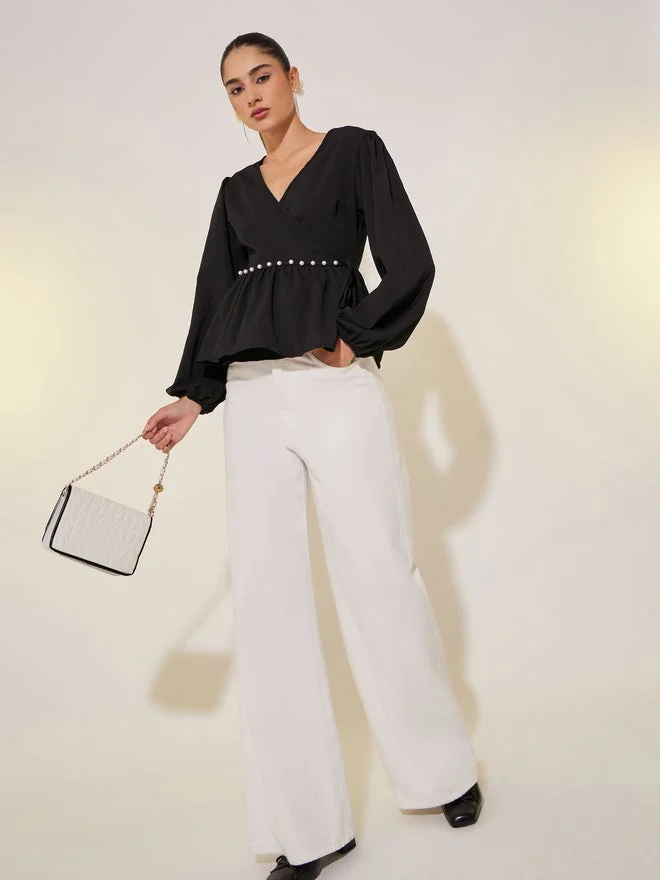 Take Two Take Two Solid Long Sleeve Pearl Detail Wrap top