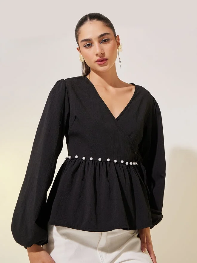 Take Two Take Two Solid Long Sleeve Pearl Detail Wrap top