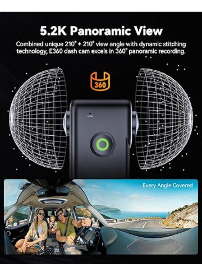 كاميرا لوحة القيادة E360 ايس 5.2K بانورامية 360 درجة، كاميرا محمولة، ستارفيس 2، HDR، كاميرا أمامية وخلفية داخلية، تحكم صوتي/لمس، نظام تحديد المواقع، وضع وقوف مؤقت 24/7، تدعم 512GB كحد أقصى - Image 5