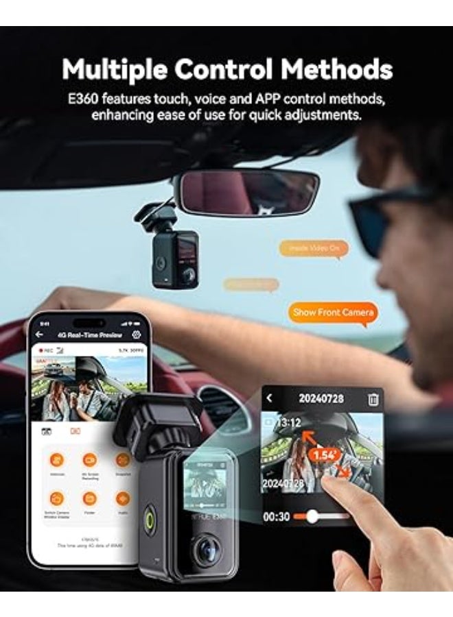 كاميرا لوحة القيادة E360 ايس 5.2K بانورامية 360 درجة، كاميرا محمولة، ستارفيس 2، HDR، كاميرا أمامية وخلفية داخلية، تحكم صوتي/لمس، نظام تحديد المواقع، وضع وقوف مؤقت 24/7، تدعم 512GB كحد أقصى - Image 2