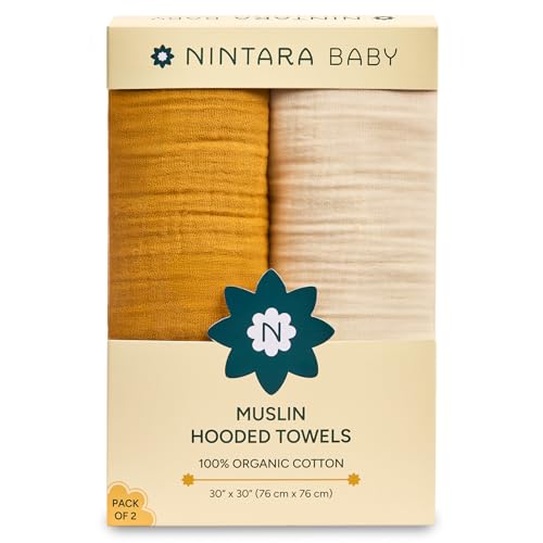 NINTARABABY Hooded Towel - 100% Organic Premium Muslin Cotton, 30" x 30" (76 cm x 76 cm), Ultra-Absorbent, Soft, Breathable, Hypoallergenic, Multipurpose, Gifts for Babies & Infants, Pack of 2 - Image 1