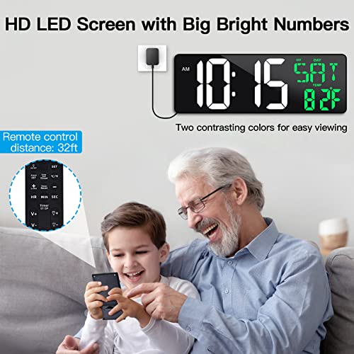 Xflyee 17 Inch Large Digital Wall Clock with Remote Control, Automatic Brightness Dimmer Digital Wall Clock Large Display with Day/Date/Temperature, Snooze, Count Up & Down Timer for Living Room, Office, Gym - Image 2