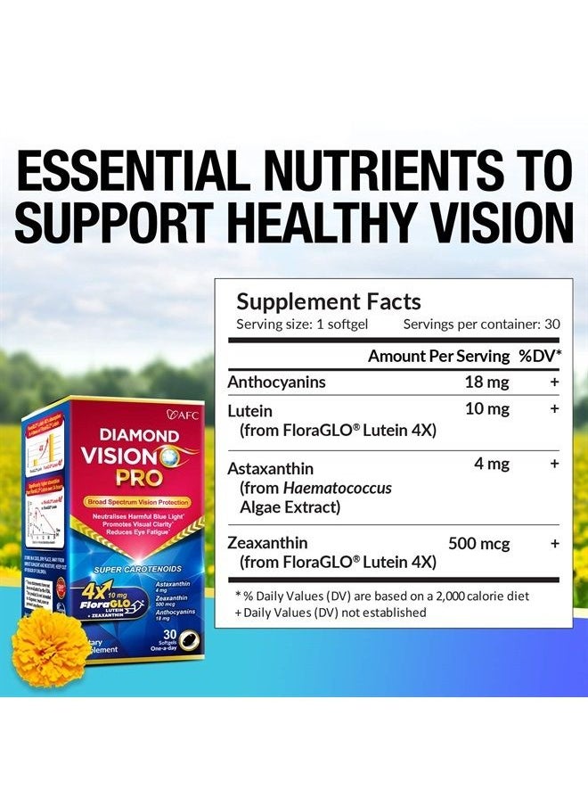 Afc - Japan Diamond Vision PRO 4X - Vision Formula with FloraGLO Lutein 4X, Zeaxanthin, Astaxanthin & Bilberry Extract for Strain, Fatigue, Blurry & Poor Vision, Dryness, Vision Health, 30 Counts - Image 1