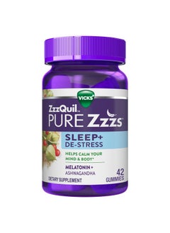 ZzzQuil ZzzQuil PURE Zzzs De-Stress Melatonin Sleep Aid Gummies, Helps Calm Your Mind and Body, Ashwagandha for Stress Support, Sleep Aids for Adults, 1 mg per gummy, 42 Count 