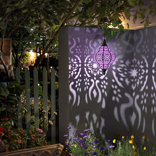 Hapjoy Hanging Solar Lights Outdoor Garden Decor Solar Lantern Waterproof Plastic Moroccan Outdoor Decorations for Patio Pathway Yard Backyard Garden Decorative (1, Purple) - Image 3