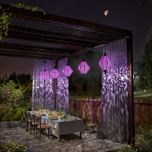 Hapjoy Hanging Solar Lights Outdoor Garden Decor Solar Lantern Waterproof Plastic Moroccan Outdoor Decorations for Patio Pathway Yard Backyard Garden Decorative (1, Purple) - Image 5