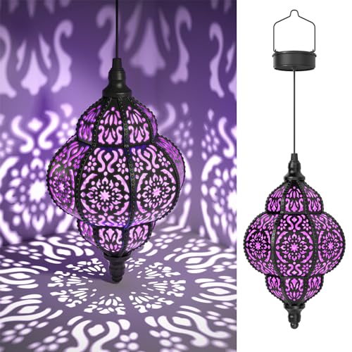 Hapjoy Hanging Solar Lights Outdoor Garden Decor Solar Lantern Waterproof Plastic Moroccan Outdoor Decorations for Patio Pathway Yard Backyard Garden Decorative (1, Purple) - Image 1