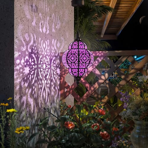 Hapjoy Hanging Solar Lights Outdoor Garden Decor Solar Lantern Waterproof Plastic Moroccan Outdoor Decorations for Patio Pathway Yard Backyard Garden Decorative (1, Purple) - Image 2