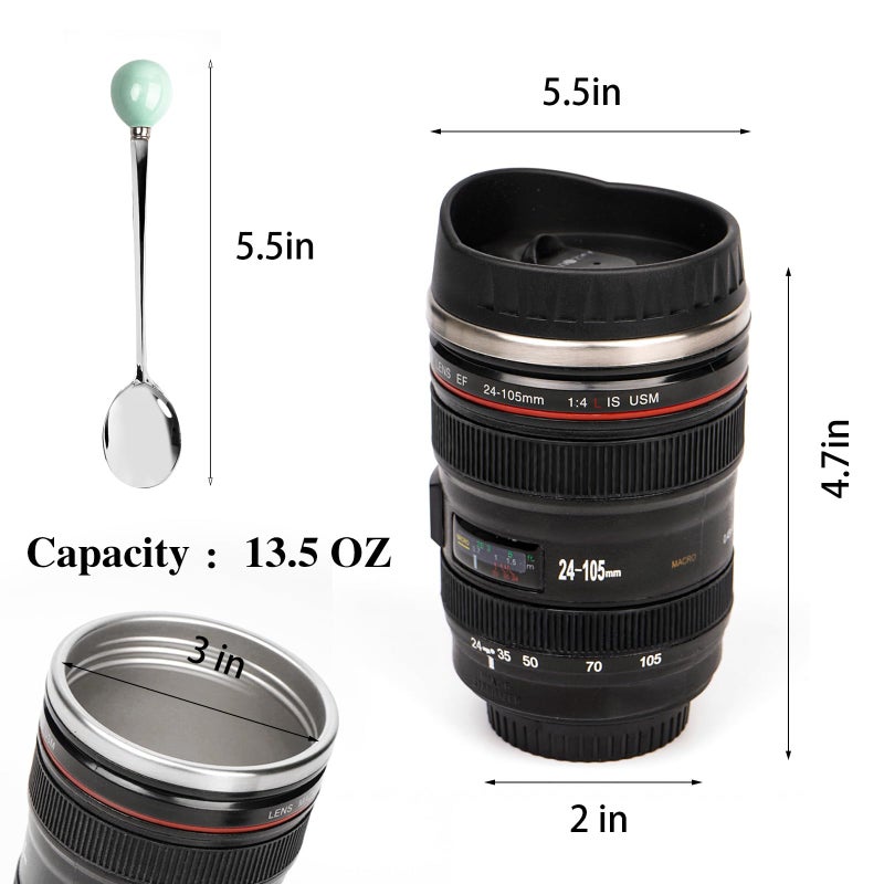 AMZHUB Camera Lens Coffee Mug,Travel Coffee Cup,Stainless Steel Lens Mug Thermos Camera Mugs with Lid and Spoon,Cool Gifts for Photographers Men and Women - Image 3