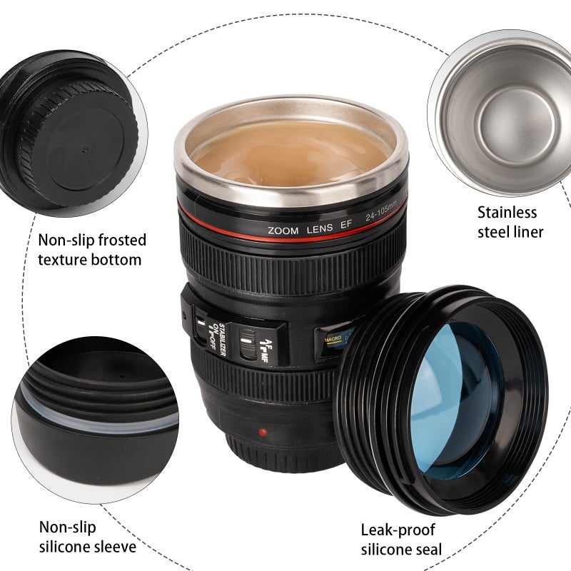 AMZHUB Camera Lens Coffee Mug,Travel Coffee Cup,Stainless Steel Lens Mug Thermos Camera Mugs with Lid and Spoon,Cool Gifts for Photographers Men and Women - Image 4