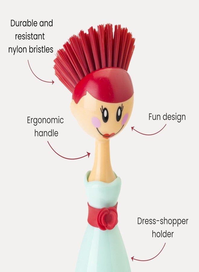 Vigar Dolls Dish Brush with Ergonomic Handle and Dres-shaped Storage Holder - Scrub Brush for Pans, Pots, Kitchen Sink Cleaning, Blue/Pink - Image 3