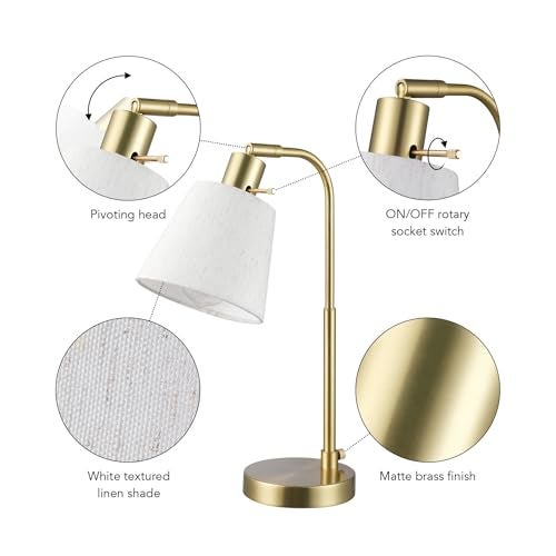 GLOBE Electric 61000057 16" Desk Lamp, Matte Brass Finish, White Shade, Adjustable Pivot Joint, Rotary Switch on Socket, Modern Lighting for Bedroom or Office, Indoor Lights, E26 Base - Image 5