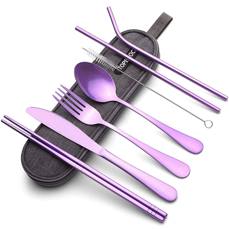 Portable Stainless Steel Flatware Set Travel Camping Cutlery Set Portable Utensil Travel Silverware Dinnerware Set with a Waterproof Case Light Purple