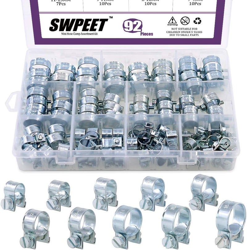 Swpeet 92Pcs 10 Sizes Zinc Plated Mini Fuel Injection Line Style Hose Clamp Assortment Kit Perfect for Automotive, Agriculture, Plant & Construction - Image 1