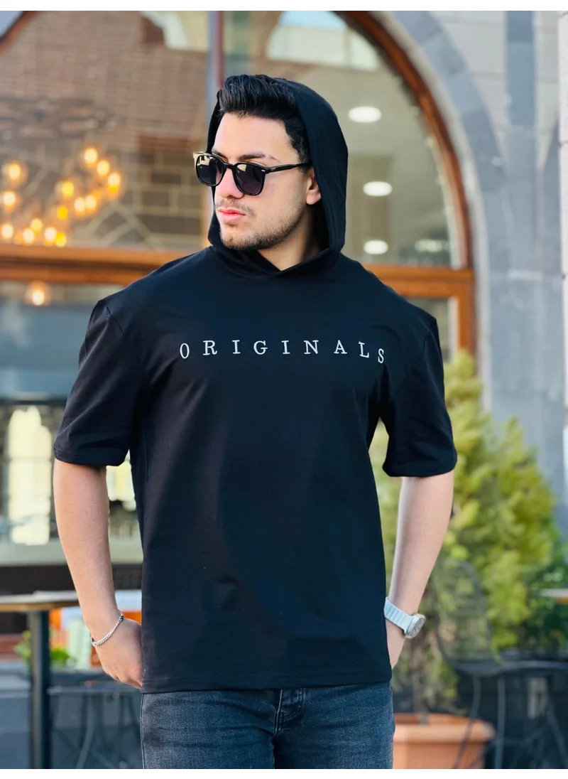 Miron Black Originals Embroidered Hooded Two Thread Short Sleeve T-Shirt