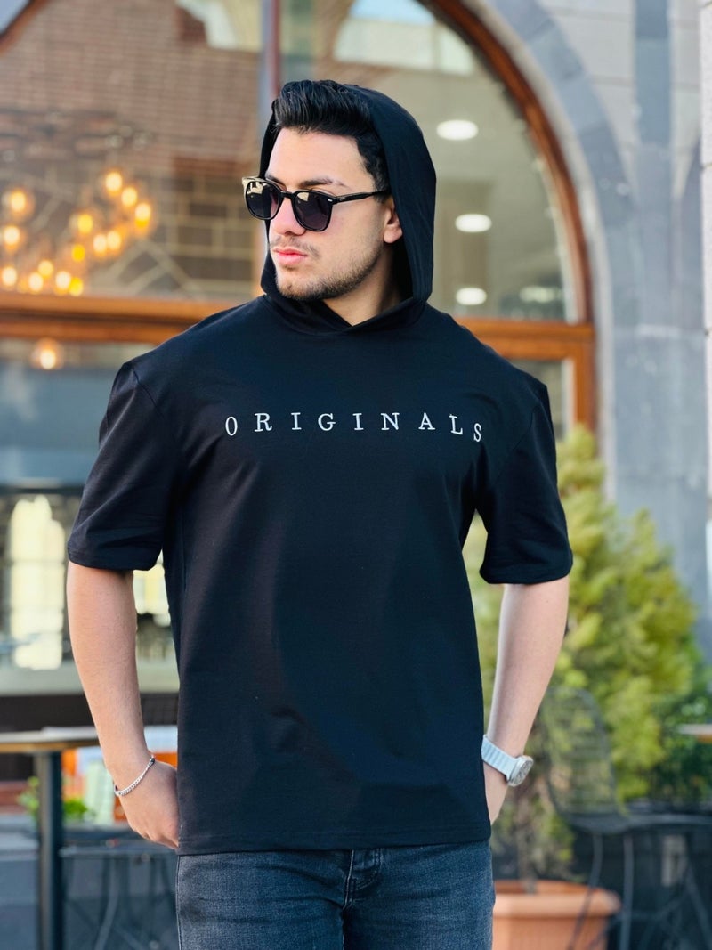 Miron Black Originals Embroidered Hooded Two Thread Short Sleeve T-Shirt - Image 1