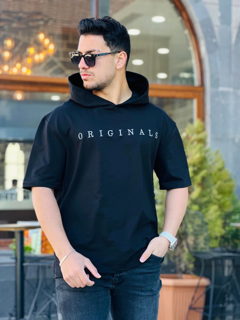 Miron Black Originals Embroidered Hooded Two Thread Short Sleeve T-Shirt - Image 3