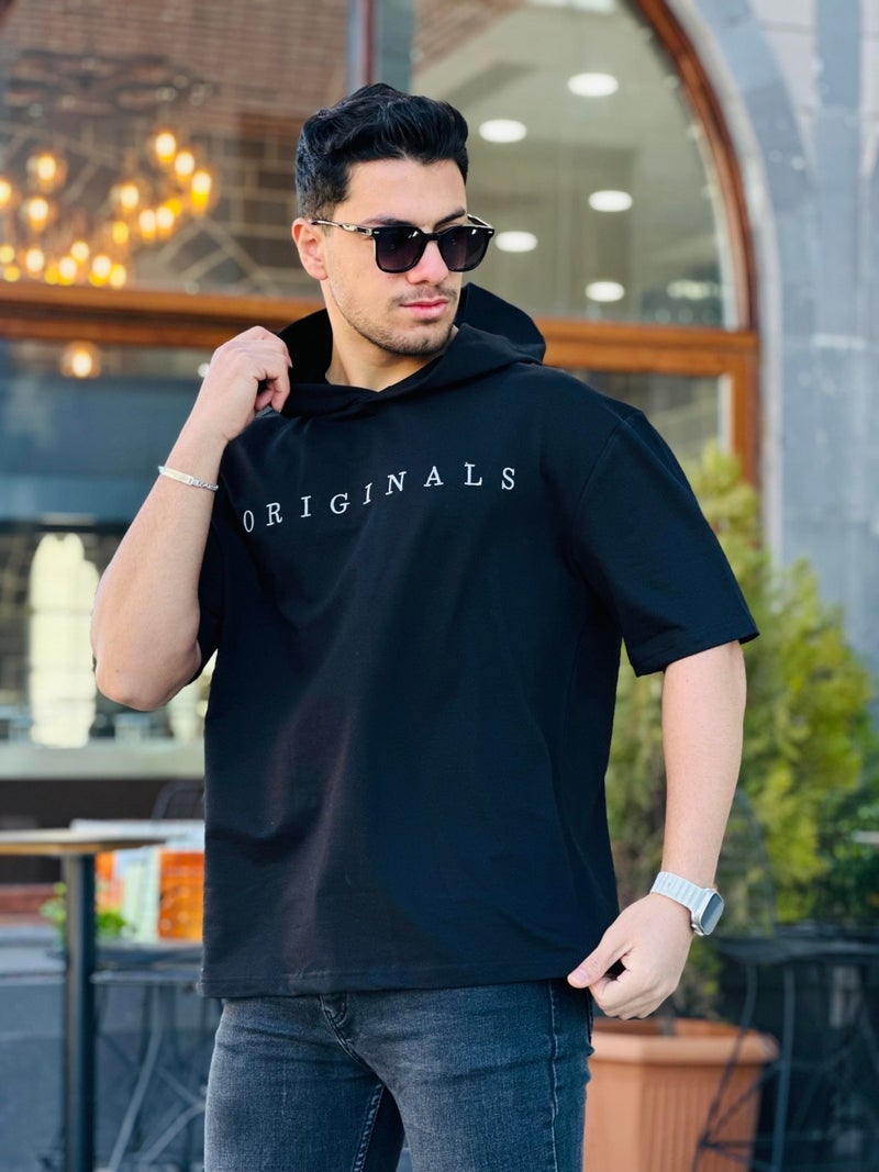 Miron Black Originals Embroidered Hooded Two Thread Short Sleeve T-Shirt - Image 2