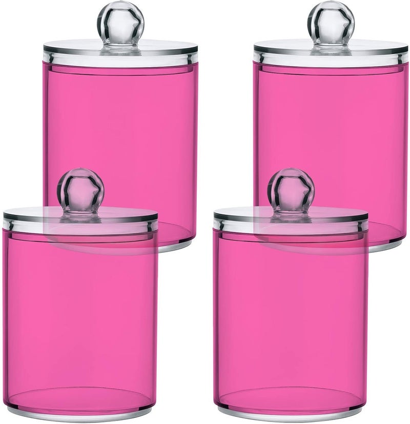 Eionryn Hot Pink Qtip Dispenser Apothecary Jars Bathroom Qtip Holder Storage Canister 10 Oz Plastic Jar for Cotton Ball Swab Round Pads Floss 4pcs - Image 1