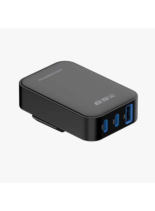 Powerology Crab Foldable GaN Charger / 65W Fast Charging / Dual USB-C & USB-A Ports / Compact Travel Adapter / EU Plug / Laptop & Smartphone Charging - Black - Image 1