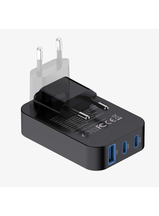 Powerology Crab Foldable GaN Charger / 65W Fast Charging / Dual USB-C & USB-A Ports / Compact Travel Adapter / EU Plug / Laptop & Smartphone Charging - Black - Image 3