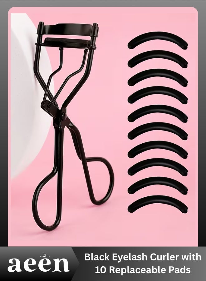 aeen Black Stainless Steel Eyelash Curler with Comb & 10 Replacement Pads – Lash Lifting and Curling Tool for Women, Eyelash Shaper - Image 1