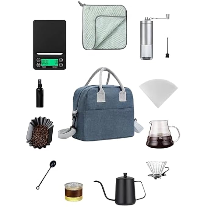 AMINAC V60 Coffee Maker Set AllInOne Pour Over Drip Coffee Maker With 600Ml Glass Server Stainless Steel Gooseneck Kettle Manual Grinder Scale Filters Accessories  Travel Bag 13 Sets - Image 2