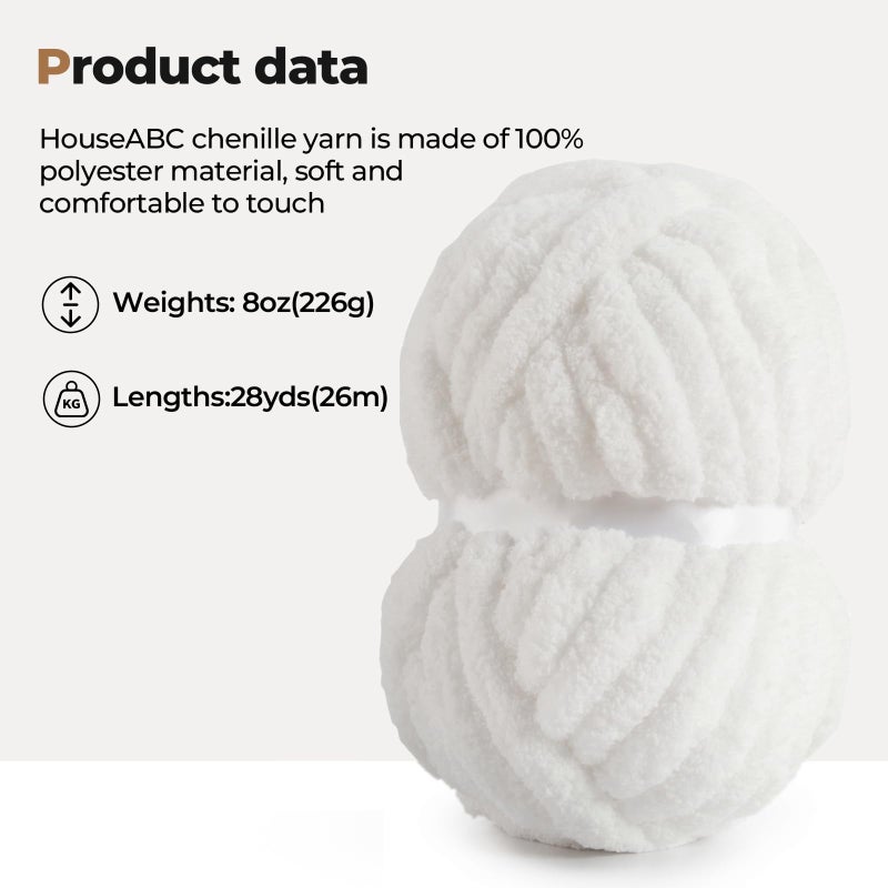 HouseABC Chunky Yarn for Hand Knitting Soft Jumbo Bulky Fluffy Chenille Yarn for Crocheting Blanket Scarf DIY 8 Pack (White, 28yds, 8 Ounces Each) - Image 3