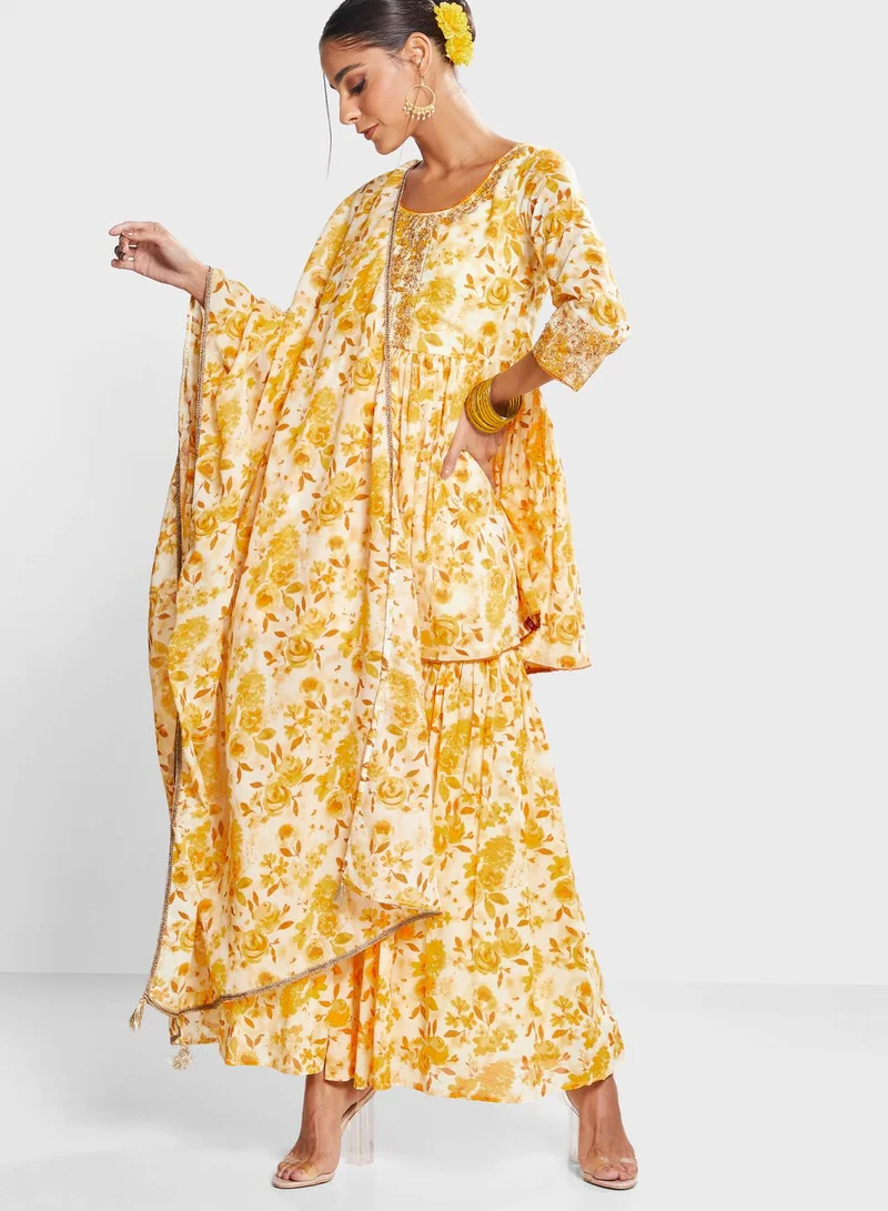 Biba Printed Kurti & Salwar Set With Dupatta