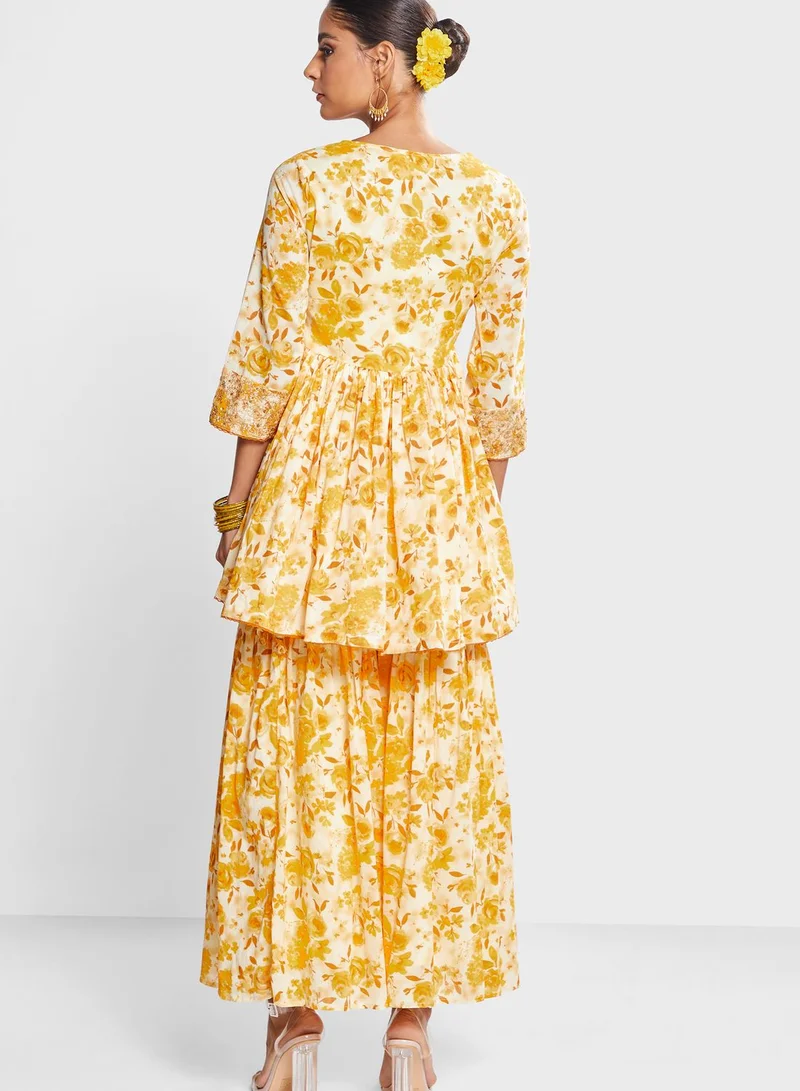 Biba Printed Kurti & Salwar Set With Dupatta