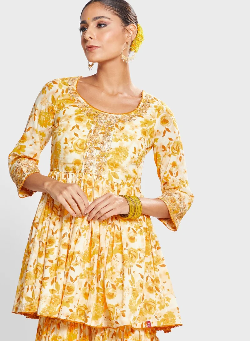 Biba Printed Kurti & Salwar Set With Dupatta