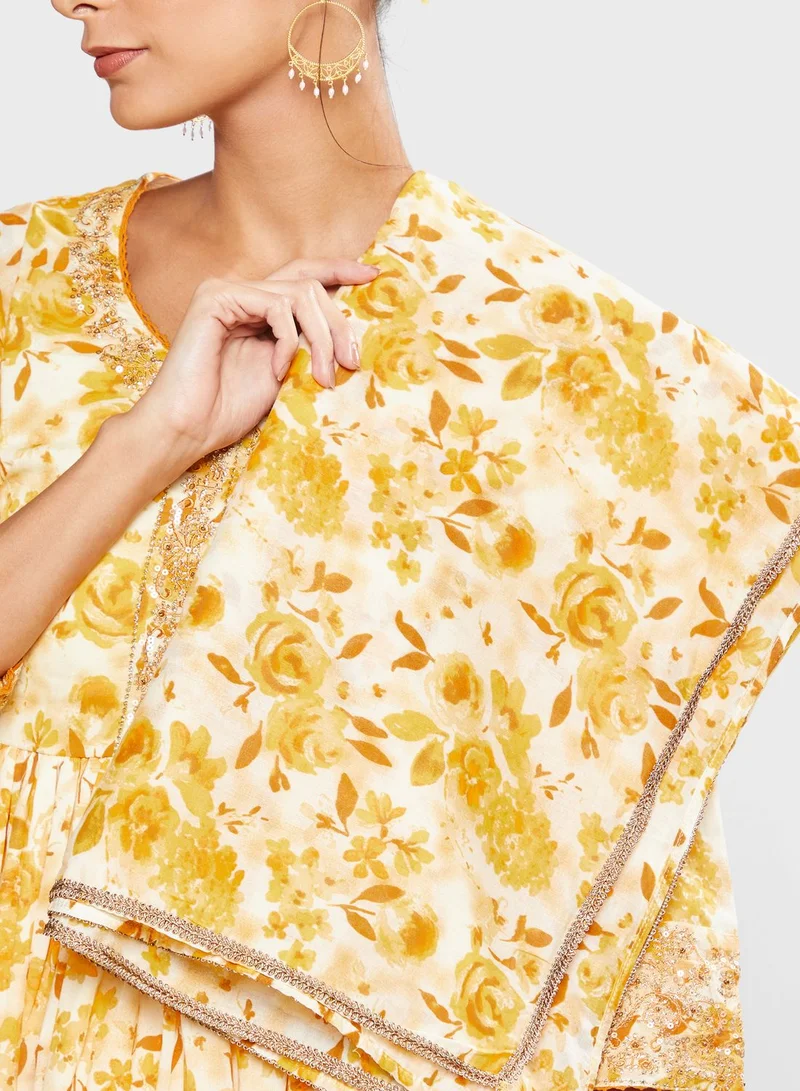 Biba Printed Kurti & Salwar Set With Dupatta