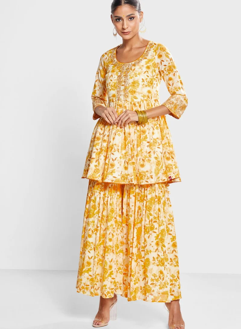 Biba Printed Kurti & Salwar Set With Dupatta