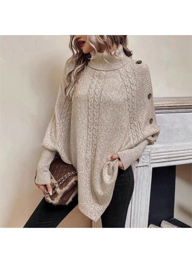 general 2025-2026 Autumn-Winter Plaid Women's Sweater Fashion High-neck Buttoned Long-Sleeved Batwing Top - Image 1